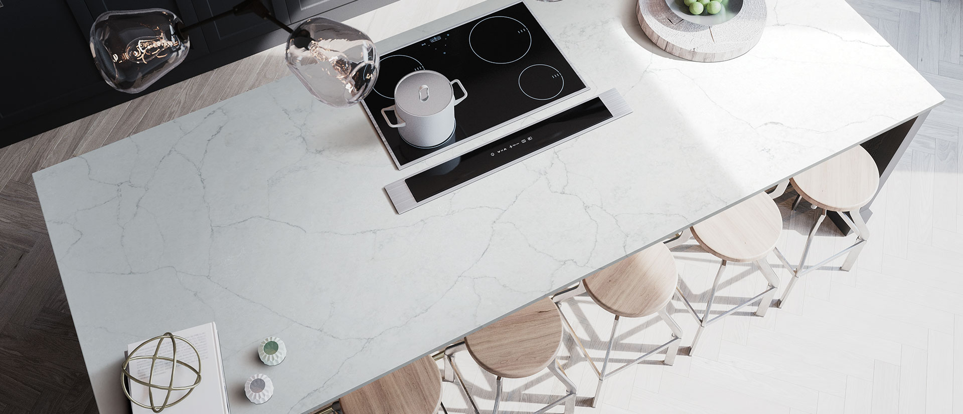 Calacatta Monaco quartz countertop in a bright modern kitchen